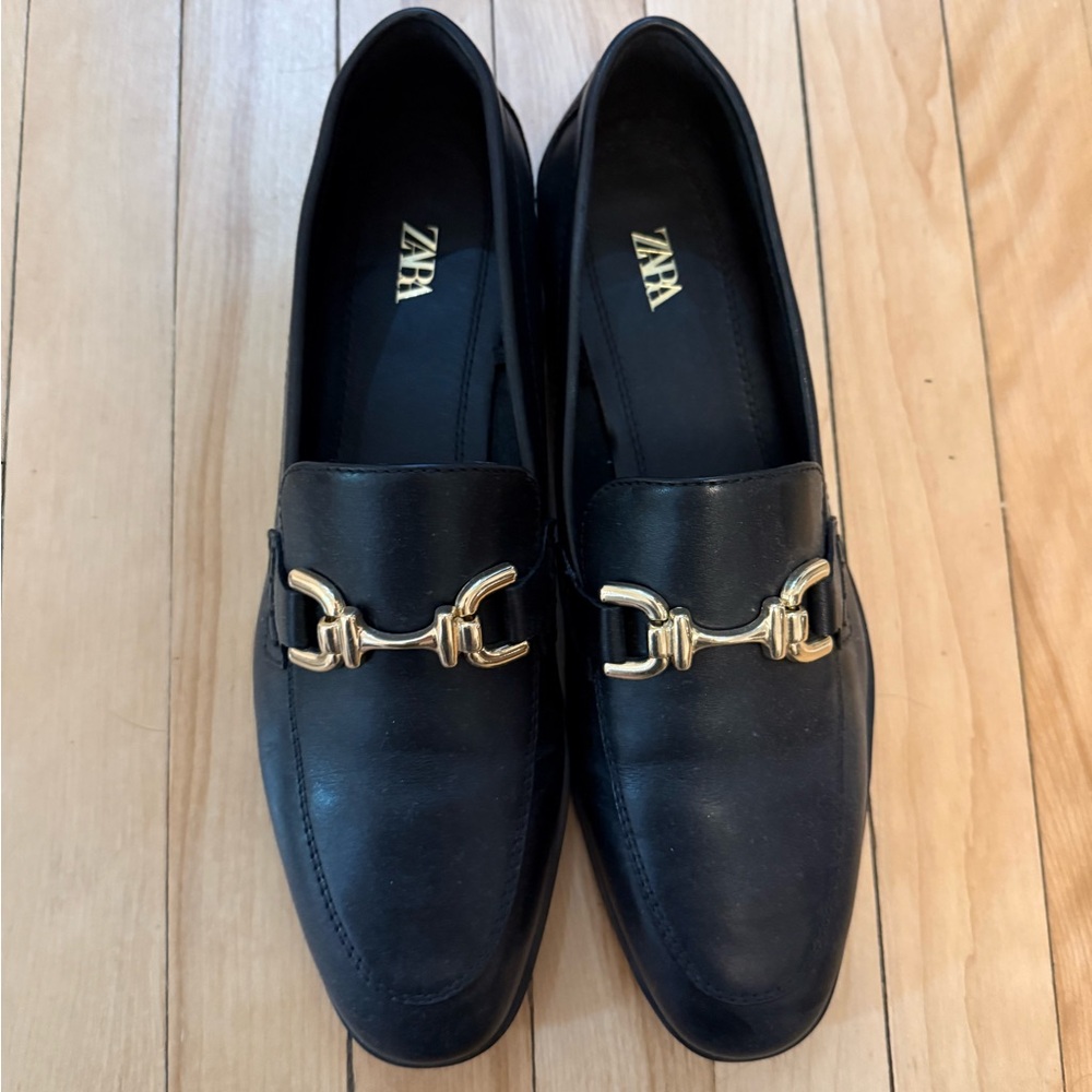 Zara Black Leather Loafers with Gold Horsebit Hardware